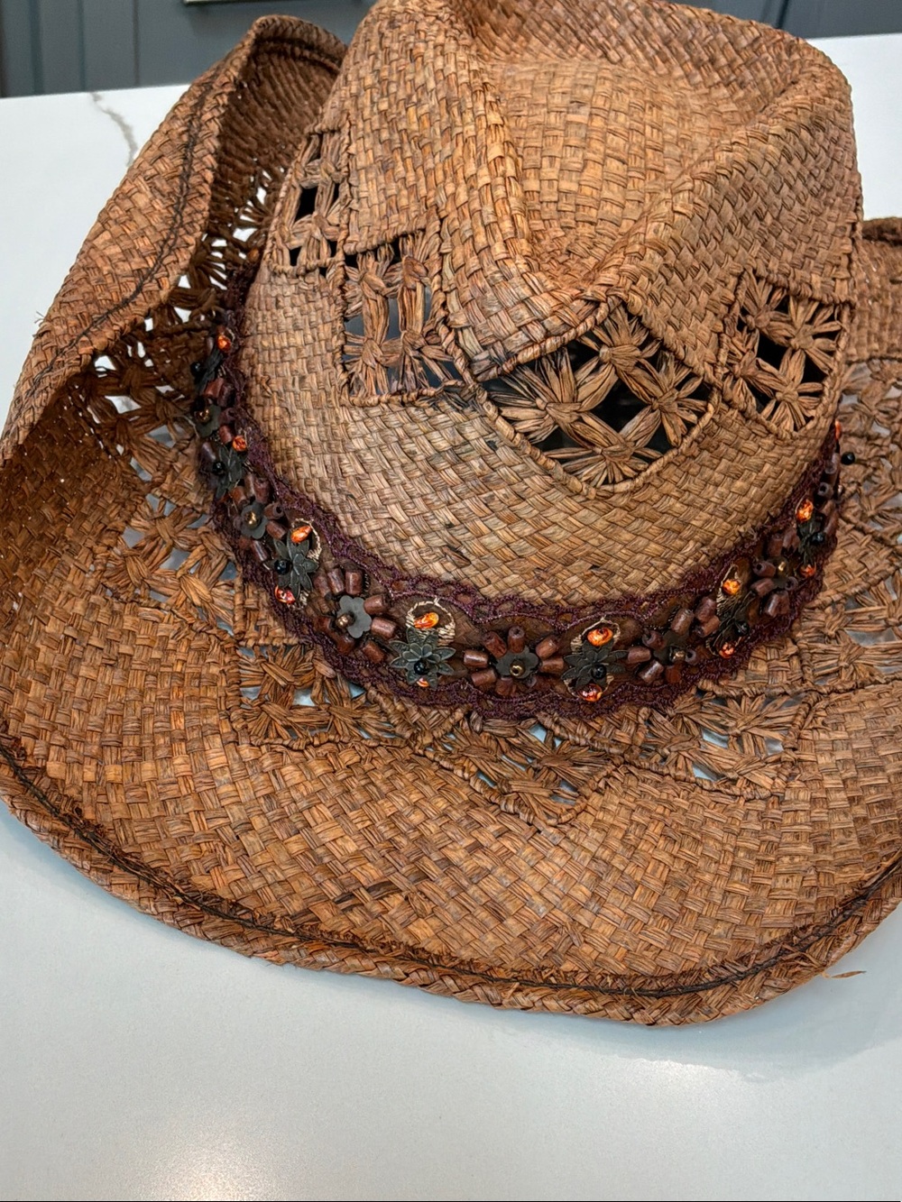 Peter Grimm Brown Woven Straw Cowboy Hat Floral Beaded Burgundy Band Womens